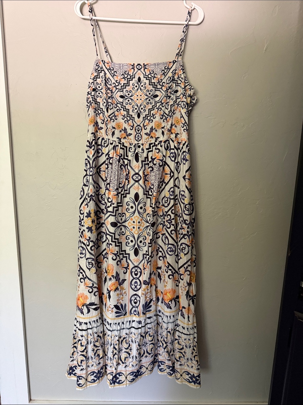 Let Me Be size L, White Floral Print Maxi Dress with Orange and Navy Accents